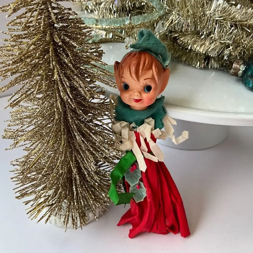 Vintage MCM pixie Christmas elf with crepe paper dress hard to find must see